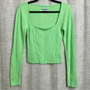 Urban Outfitters Pointelle Square Neck Long Sleeve Top Pastel Lime Green Large